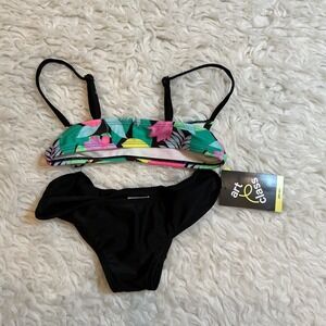 Art Class Bikini Set Girls S 6/7 Black Floral New NWT UPF 50+ Adjustable Straps